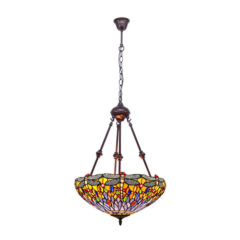 Stained Glass Red/Green/Purple Pendant Chandelier Dragonfly 2 Lights Mediterranean Suspension Lamp Clearhalo 'Ceiling Lights' 'Chandeliers' Lighting' options 332253