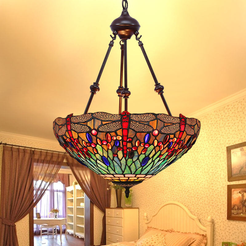 Stained Glass Red/Green/Purple Pendant Chandelier Dragonfly 2 Lights Mediterranean Suspension Lamp Clearhalo 'Ceiling Lights' 'Chandeliers' Lighting' options 332255