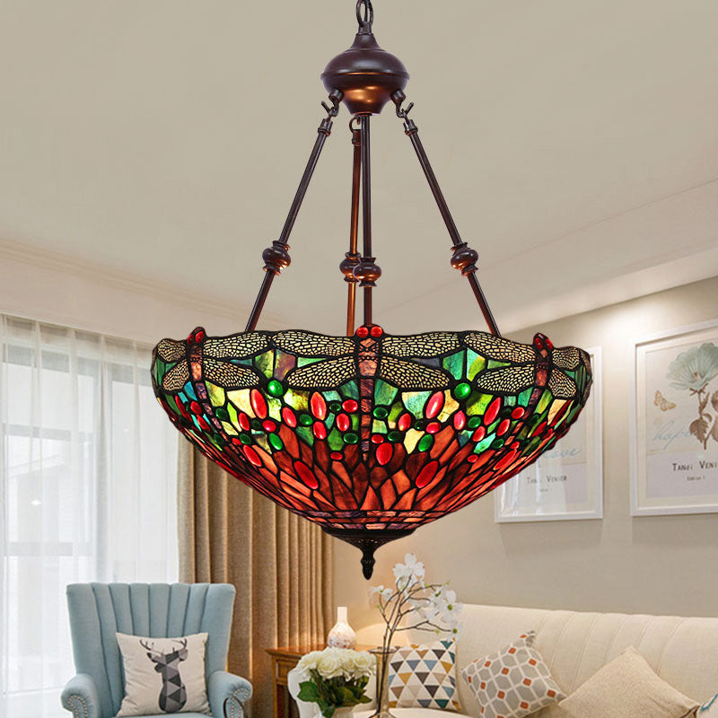 Stained Glass Red/Green/Purple Pendant Chandelier Dragonfly 2 Lights Mediterranean Suspension Lamp Clearhalo 'Ceiling Lights' 'Chandeliers' Lighting' options 332258