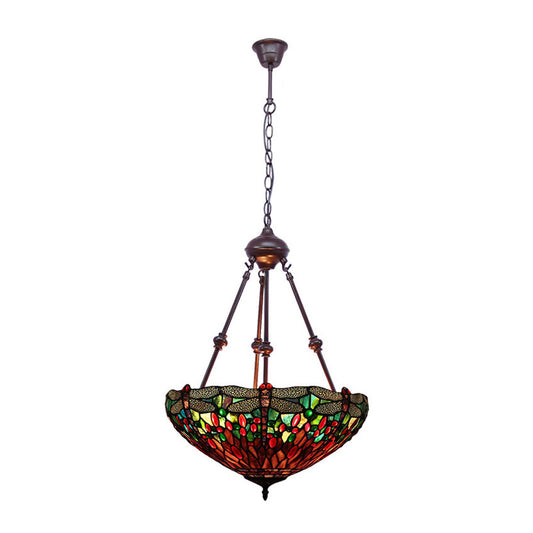 Stained Glass Red/Green/Purple Pendant Chandelier Dragonfly 2 Lights Mediterranean Suspension Lamp Clearhalo 'Ceiling Lights' 'Chandeliers' Lighting' options 332259