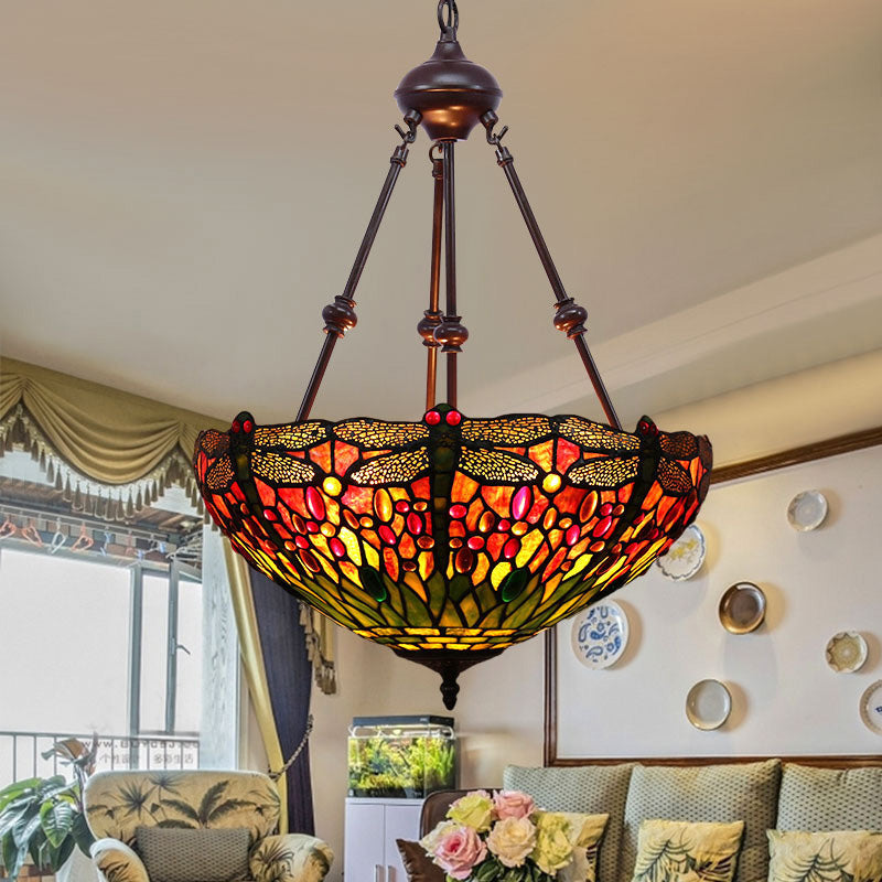 Stained Glass Red/Green/Purple Pendant Chandelier Dragonfly 2 Lights Mediterranean Suspension Lamp Clearhalo 'Ceiling Lights' 'Chandeliers' Lighting' options 332261