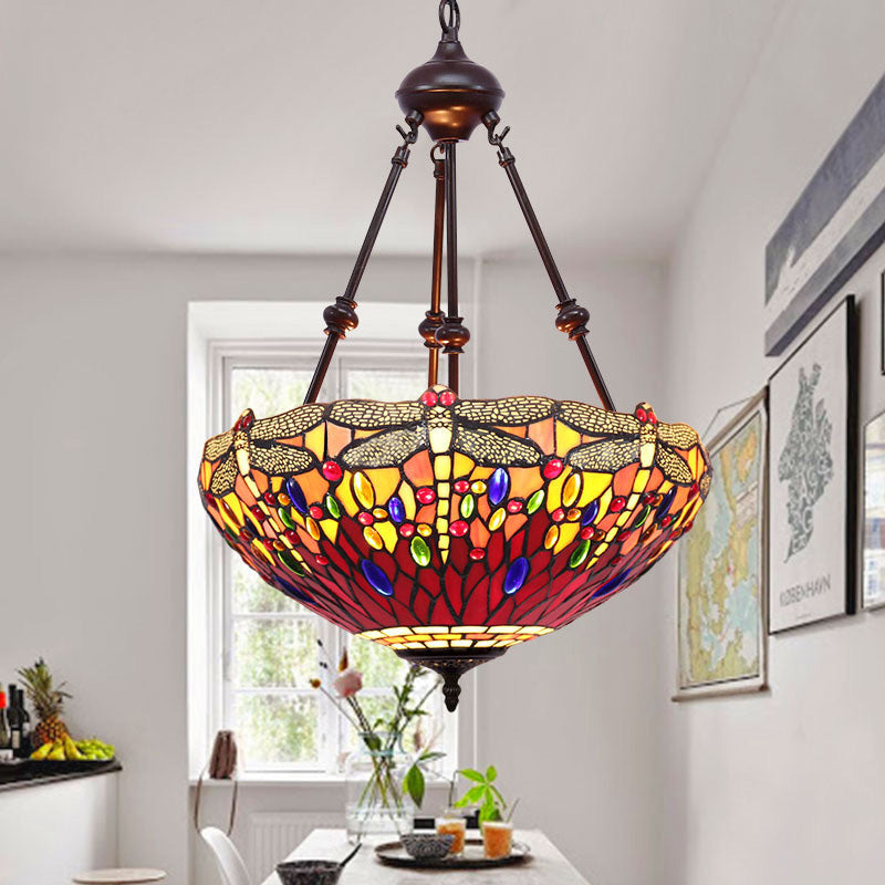 Stained Glass Red/Green/Purple Pendant Chandelier Dragonfly 2 Lights Mediterranean Suspension Lamp Clearhalo 'Ceiling Lights' 'Chandeliers' Lighting' options 332264