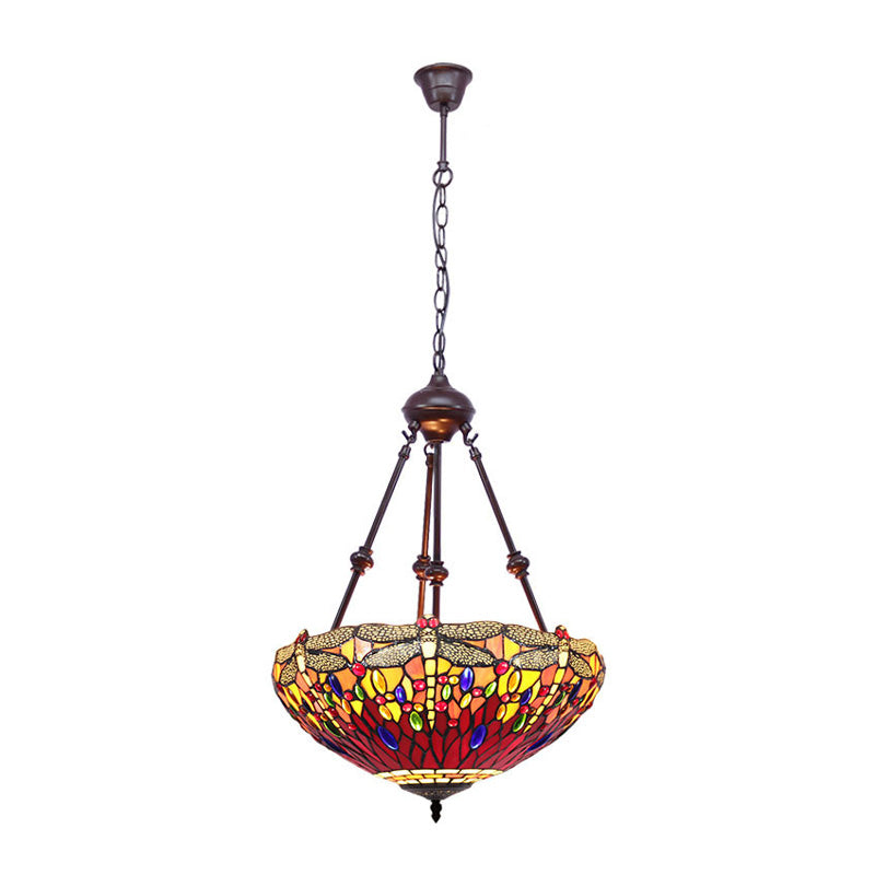 Stained Glass Red/Green/Purple Pendant Chandelier Dragonfly 2 Lights Mediterranean Suspension Lamp Clearhalo 'Ceiling Lights' 'Chandeliers' Lighting' options 332265