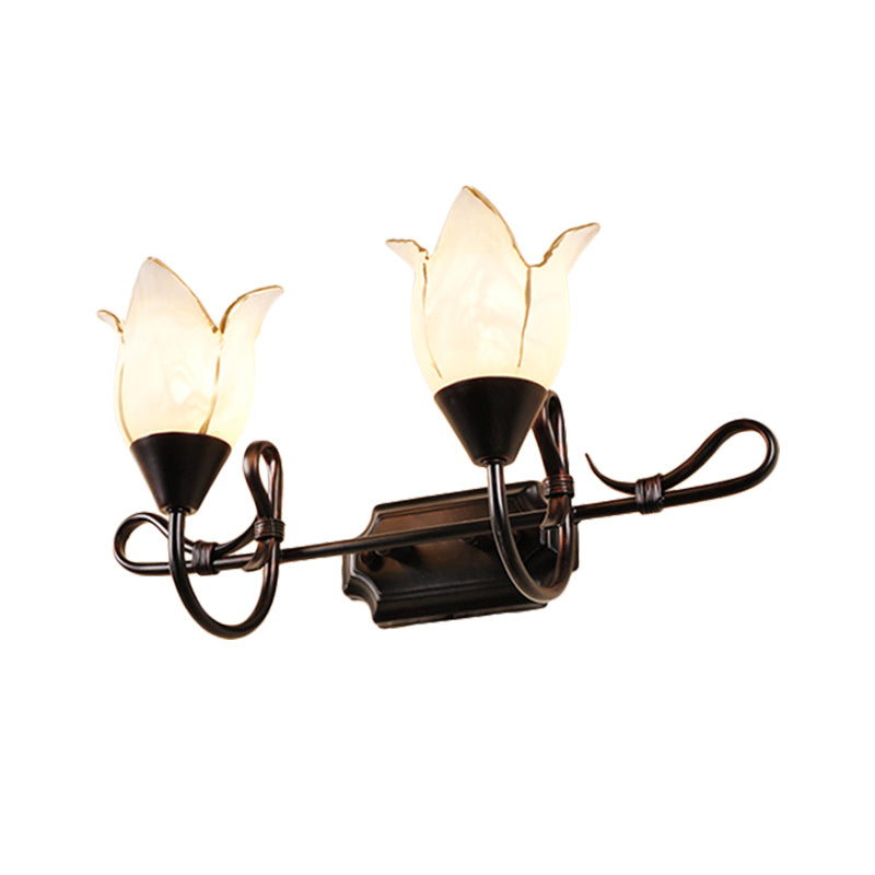 Contemporary 2/3 Heads Vanity Light with Frosted Glass Shade Black Finish Petal Wall Lighting Fixture Clearhalo 'Vanity Lights' 'Wall Lights' Lighting' 332293