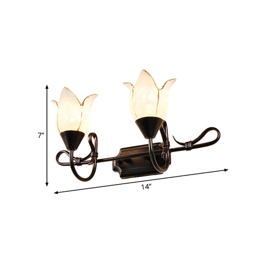 Contemporary 2/3 Heads Vanity Light with Frosted Glass Shade Black Finish Petal Wall Lighting Fixture Clearhalo 'Vanity Lights' 'Wall Lights' Lighting' 332294