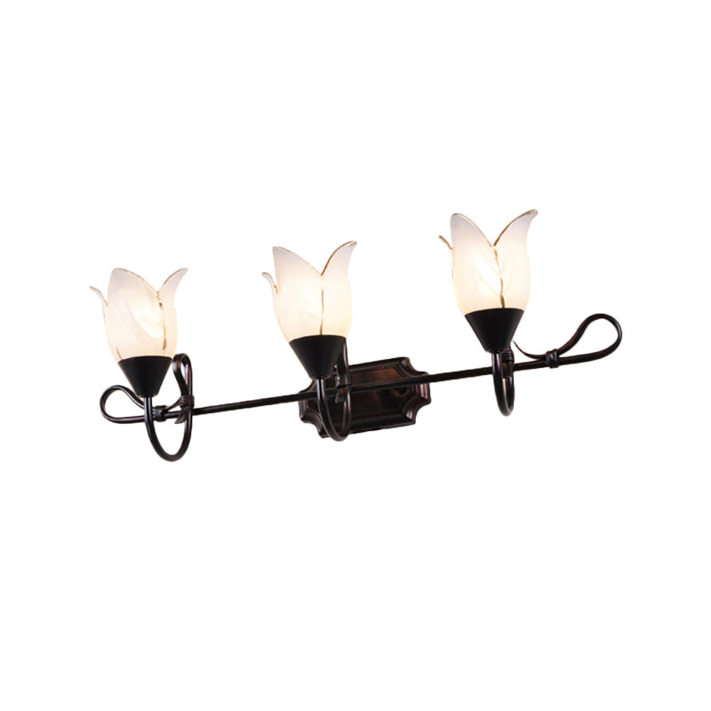 Contemporary 2/3 Heads Vanity Light with Frosted Glass Shade Black Finish Petal Wall Lighting Fixture Clearhalo 'Vanity Lights' 'Wall Lights' Lighting' 332297