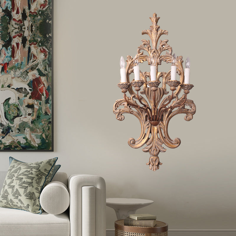 Wood Candelabra Wall Mounted Lamp Rustic Style 5 Lights Bedroom Sconce Light Fixture Wood Clearhalo 'Wall Lamps & Sconces' 'Wall Lights' Lighting' 332299