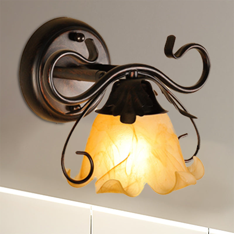 Floral Yellow Glass Vanity Wall Sconce Modern Stylish 1/2/3-Light Black Finish Wall Mount Lighting Clearhalo 'Vanity Lights' 'Wall Lights' Lighting' 332320