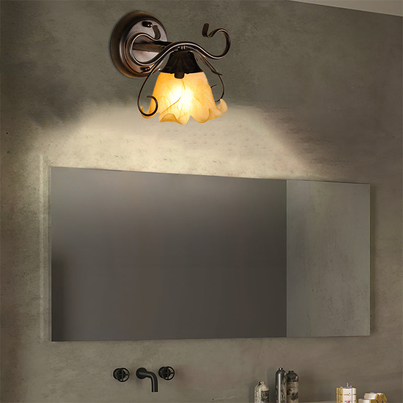 Floral Yellow Glass Vanity Wall Sconce Modern Stylish 1/2/3-Light Black Finish Wall Mount Lighting Clearhalo 'Vanity Lights' 'Wall Lights' Lighting' 332321