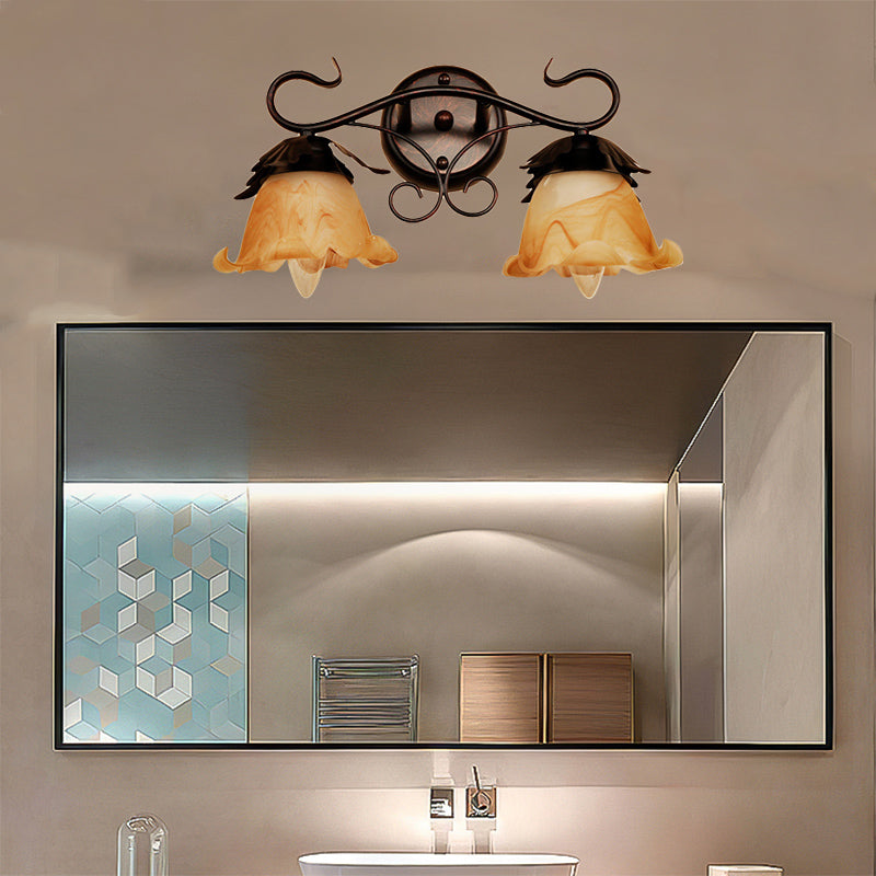 Floral Yellow Glass Vanity Wall Sconce Modern Stylish 1/2/3-Light Black Finish Wall Mount Lighting Clearhalo 'Vanity Lights' 'Wall Lights' Lighting' 332326