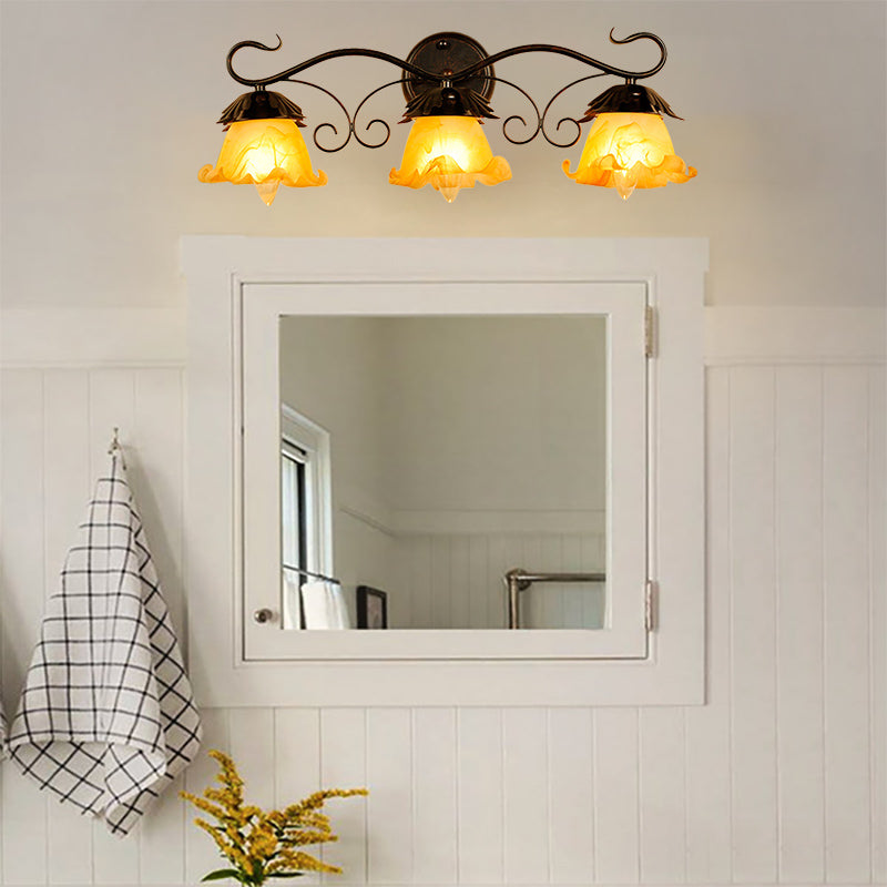 Floral Yellow Glass Vanity Wall Sconce Modern Stylish 1/2/3-Light Black Finish Wall Mount Lighting Clearhalo 'Vanity Lights' 'Wall Lights' Lighting' 332331