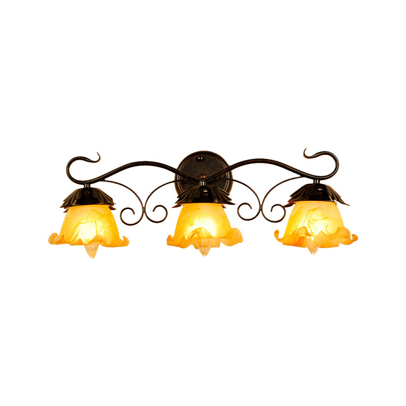 Floral Yellow Glass Vanity Wall Sconce Modern Stylish 1/2/3-Light Black Finish Wall Mount Lighting Clearhalo 'Vanity Lights' 'Wall Lights' Lighting' 332332