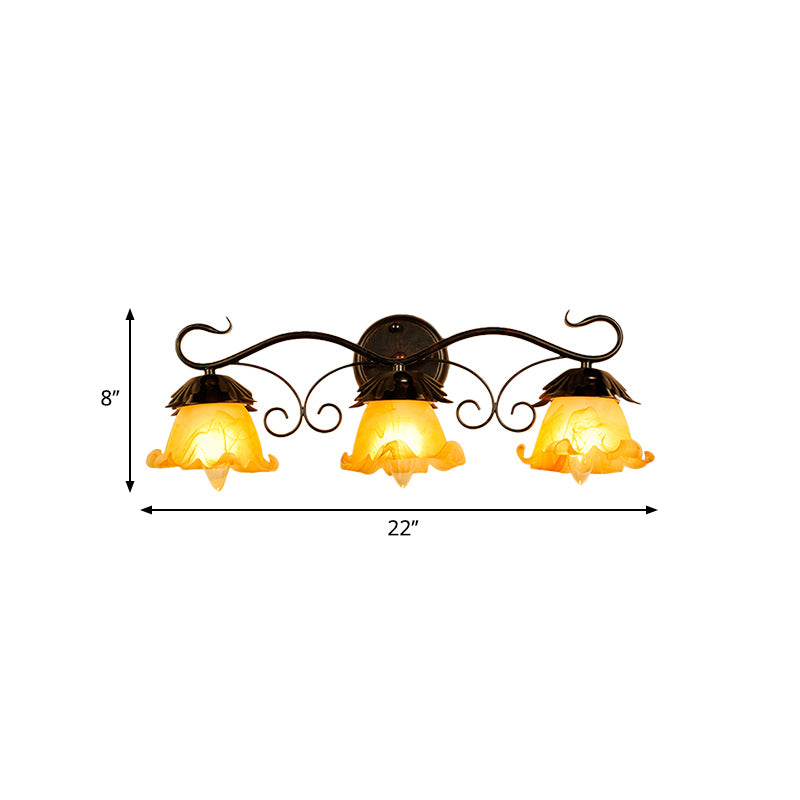 Floral Yellow Glass Vanity Wall Sconce Modern Stylish 1/2/3-Light Black Finish Wall Mount Lighting Clearhalo 'Vanity Lights' 'Wall Lights' Lighting' 332333