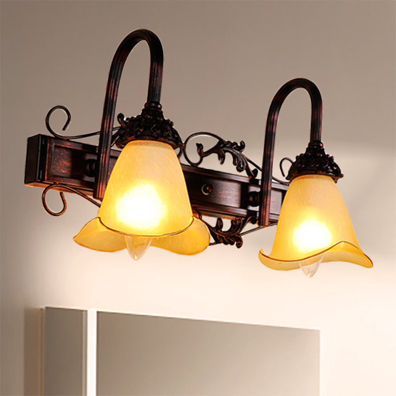 2/3 Bulbs Flower Vanity Mirror Light Traditional Style Red Brown Sconce Light with Petal Amber Glass Shade Clearhalo 'Vanity Lights' 'Wall Lights' Lighting' 332344