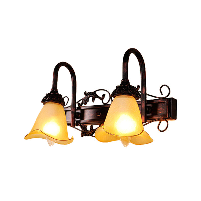 2/3 Bulbs Flower Vanity Mirror Light Traditional Style Red Brown Sconce Light with Petal Amber Glass Shade Clearhalo 'Vanity Lights' 'Wall Lights' Lighting' 332346