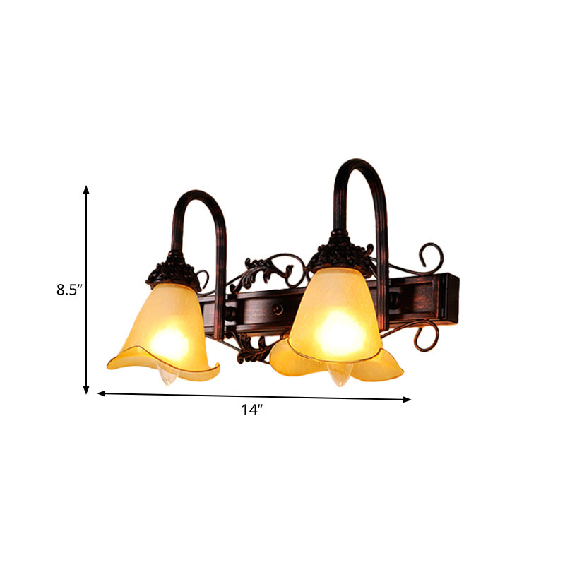 2/3 Bulbs Flower Vanity Mirror Light Traditional Style Red Brown Sconce Light with Petal Amber Glass Shade Clearhalo 'Vanity Lights' 'Wall Lights' Lighting' 332347