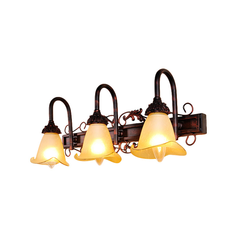 2/3 Bulbs Flower Vanity Mirror Light Traditional Style Red Brown Sconce Light with Petal Amber Glass Shade Clearhalo 'Vanity Lights' 'Wall Lights' Lighting' 332351