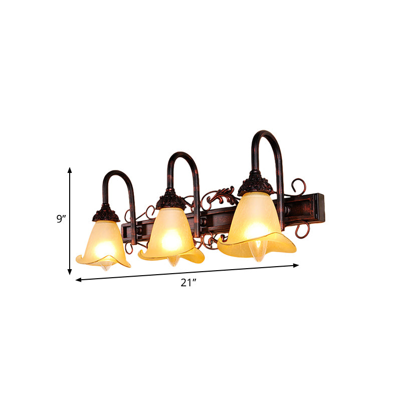 2/3 Bulbs Flower Vanity Mirror Light Traditional Style Red Brown Sconce Light with Petal Amber Glass Shade Clearhalo 'Vanity Lights' 'Wall Lights' Lighting' 332352