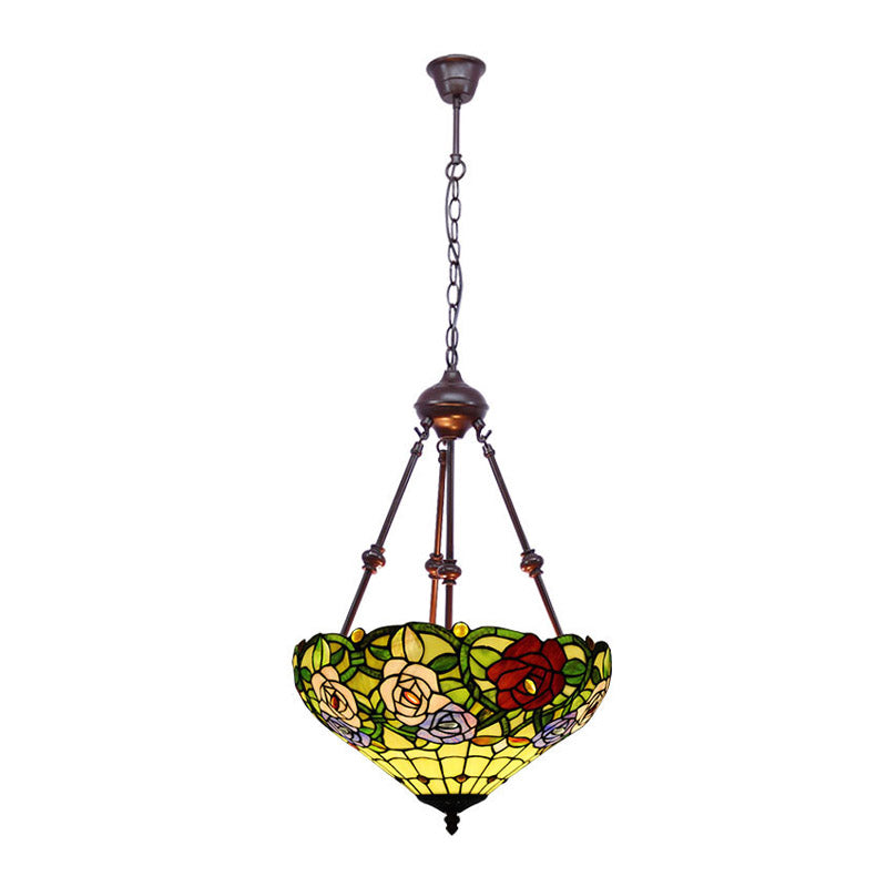 Victorian Flower Hanging Chandelier 2 Lights Cut Glass Ceiling Suspension Lamp in Red/Yellow/Orange Clearhalo 'Ceiling Lights' 'Chandeliers' 'Industrial' 'Middle Century Chandeliers' 'Tiffany close to ceiling' 'Tiffany' Lighting' 332356