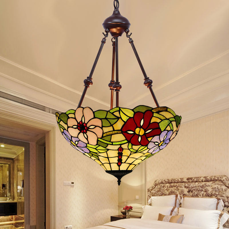 Victorian Flower Hanging Chandelier 2 Lights Cut Glass Ceiling Suspension Lamp in Red/Yellow/Orange Red-Yellow Clearhalo 'Ceiling Lights' 'Chandeliers' 'Industrial' 'Middle Century Chandeliers' 'Tiffany close to ceiling' 'Tiffany' Lighting' 332358