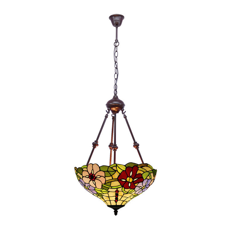 Victorian Flower Hanging Chandelier 2 Lights Cut Glass Ceiling Suspension Lamp in Red/Yellow/Orange Clearhalo 'Ceiling Lights' 'Chandeliers' 'Industrial' 'Middle Century Chandeliers' 'Tiffany close to ceiling' 'Tiffany' Lighting' 332359