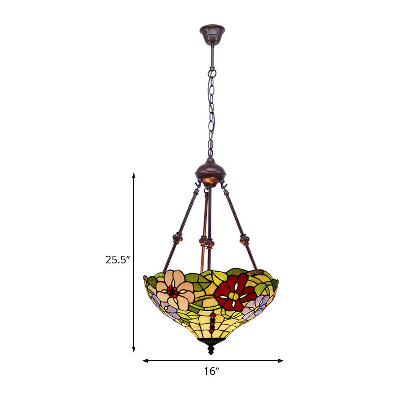 Victorian Flower Hanging Chandelier 2 Lights Cut Glass Ceiling Suspension Lamp in Red/Yellow/Orange Clearhalo 'Ceiling Lights' 'Chandeliers' 'Industrial' 'Middle Century Chandeliers' 'Tiffany close to ceiling' 'Tiffany' Lighting' 332360