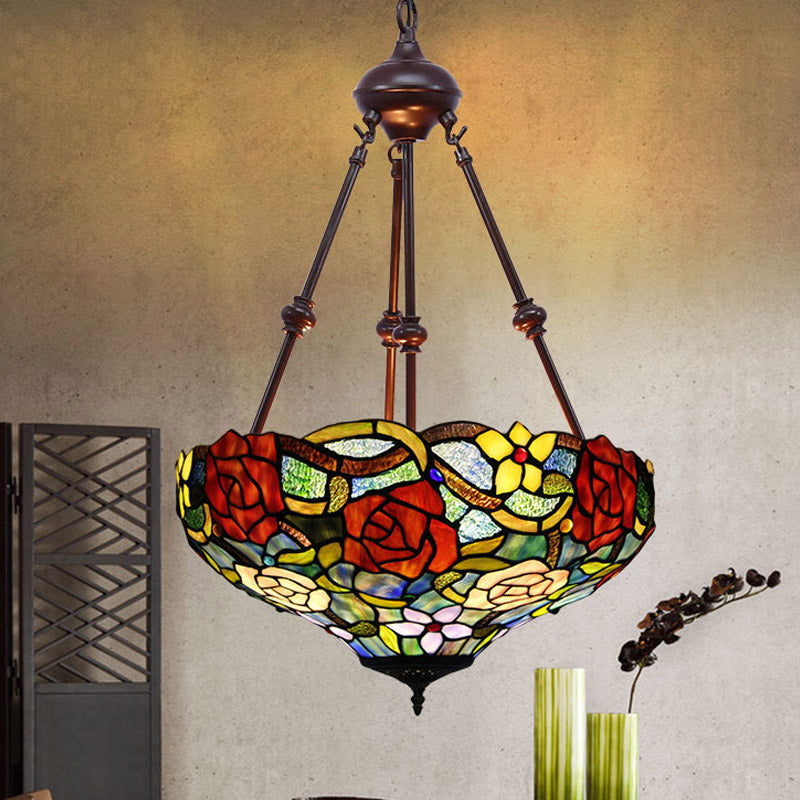 Victorian Flower Hanging Chandelier 2 Lights Cut Glass Ceiling Suspension Lamp in Red/Yellow/Orange Dark Red Clearhalo 'Ceiling Lights' 'Chandeliers' 'Industrial' 'Middle Century Chandeliers' 'Tiffany close to ceiling' 'Tiffany' Lighting' 332364