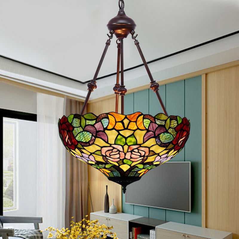 Victorian Flower Hanging Chandelier 2 Lights Cut Glass Ceiling Suspension Lamp in Red/Yellow/Orange Orange Clearhalo 'Ceiling Lights' 'Chandeliers' 'Industrial' 'Middle Century Chandeliers' 'Tiffany close to ceiling' 'Tiffany' Lighting' 332367