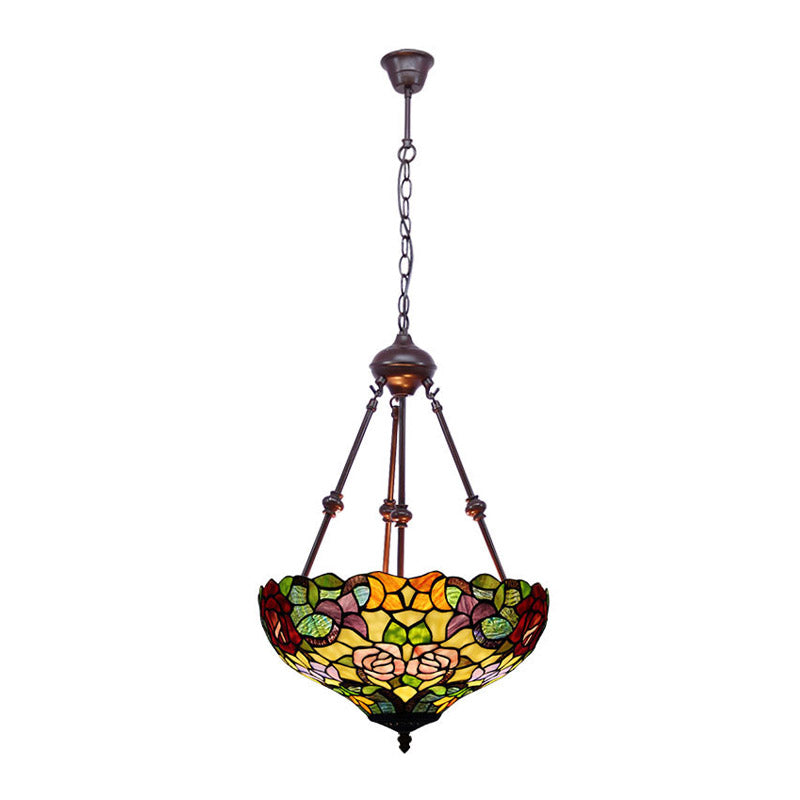 Victorian Flower Hanging Chandelier 2 Lights Cut Glass Ceiling Suspension Lamp in Red/Yellow/Orange Clearhalo 'Ceiling Lights' 'Chandeliers' 'Industrial' 'Middle Century Chandeliers' 'Tiffany close to ceiling' 'Tiffany' Lighting' 332368