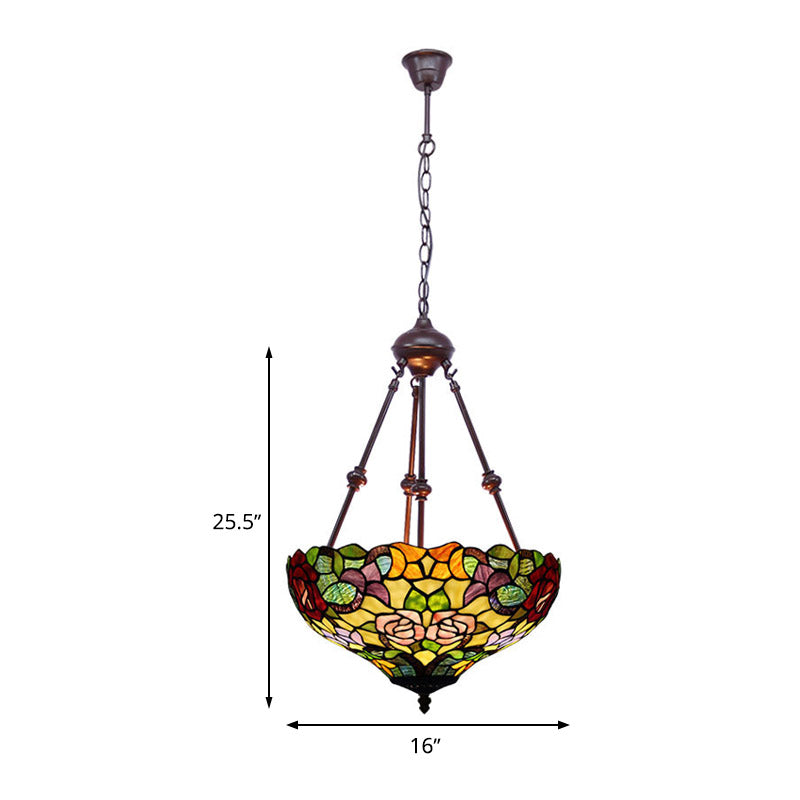 Victorian Flower Hanging Chandelier 2 Lights Cut Glass Ceiling Suspension Lamp in Red/Yellow/Orange Clearhalo 'Ceiling Lights' 'Chandeliers' 'Industrial' 'Middle Century Chandeliers' 'Tiffany close to ceiling' 'Tiffany' Lighting' 332369