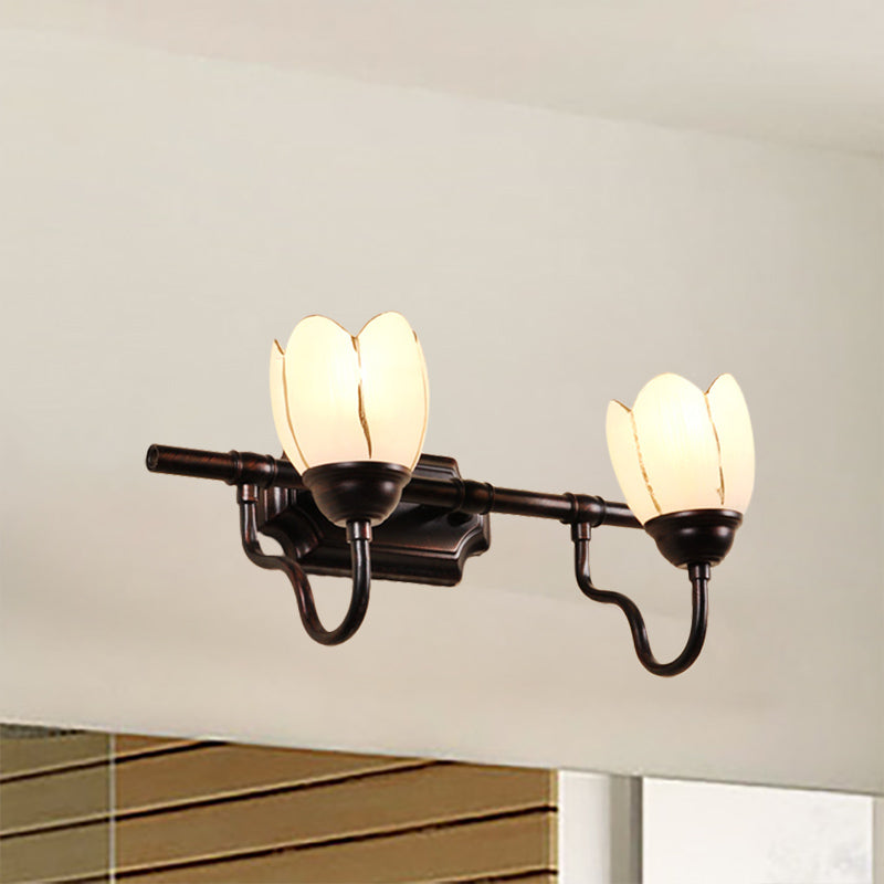 Floral Shade Sconce Light Fixture Modernist Style Opal Glass 2/3 Heads Coffee Shop Wall Vanity Light in Black 2.0 Black Clearhalo 'Vanity Lights' 'Wall Lights' Lighting' 332378