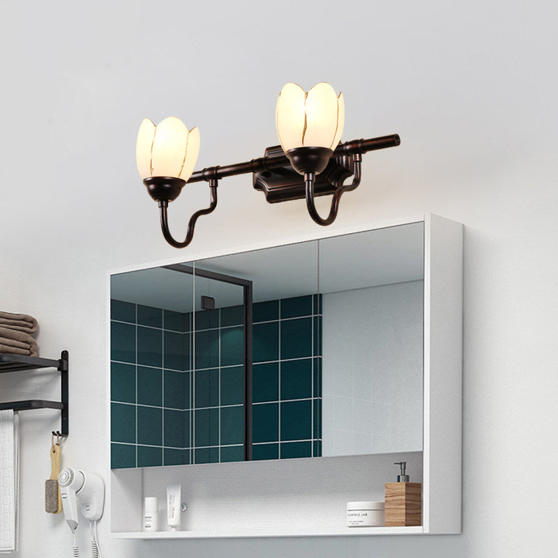 Floral Shade Sconce Light Fixture Modernist Style Opal Glass 2/3 Heads Coffee Shop Wall Vanity Light in Black Clearhalo 'Vanity Lights' 'Wall Lights' Lighting' 332380