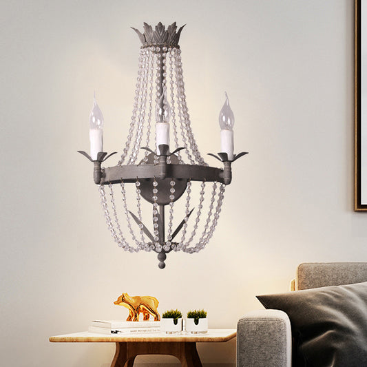 Beaded Wood Wall Mount Lighting Traditional-Style 3 Lights Bedroom Sconce in Grey Clearhalo 'Wall Lamps & Sconces' 'Wall Lights' Lighting' 332389