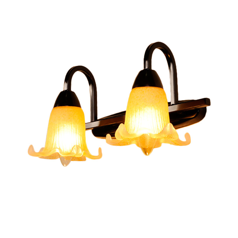 Gooseneck Wall Lighting Fixture Traditional Amber Glass 2 Bulbs Black Finish Vanity Wall Sconce with Petal Shade Clearhalo 'Vanity Lights' 'Wall Lights' Lighting' 332401