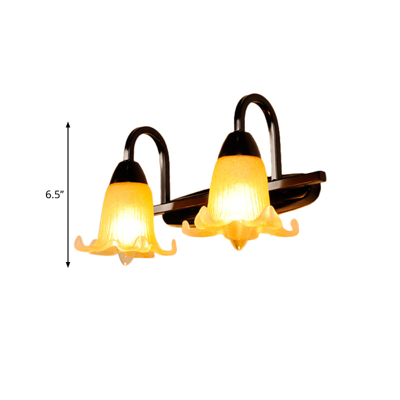 Gooseneck Wall Lighting Fixture Traditional Amber Glass 2 Bulbs Black Finish Vanity Wall Sconce with Petal Shade Clearhalo 'Vanity Lights' 'Wall Lights' Lighting' 332402