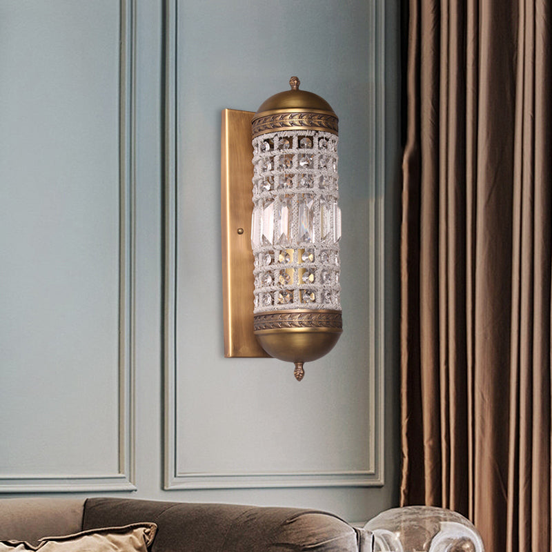 1 Light Wall Lighting Fixture Rural Cylinder Shaped Crystal Sconce Light in Brass for Indoor Brass Clearhalo 'Wall Lamps & Sconces' 'Wall Lights' Lighting' 332409