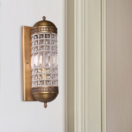 1 Light Wall Lighting Fixture Rural Cylinder Shaped Crystal Sconce Light in Brass for Indoor Clearhalo 'Wall Lamps & Sconces' 'Wall Lights' Lighting' 332410