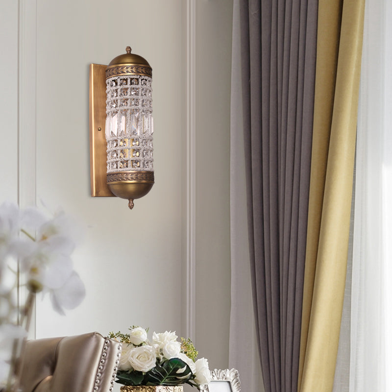 1 Light Wall Lighting Fixture Rural Cylinder Shaped Crystal Sconce Light in Brass for Indoor Clearhalo 'Wall Lamps & Sconces' 'Wall Lights' Lighting' 332411