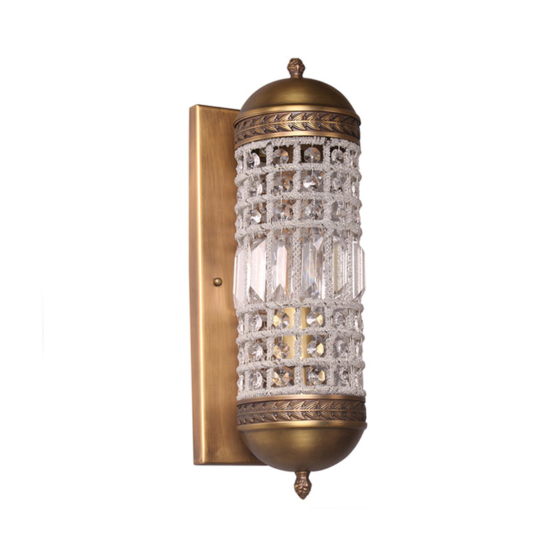 1 Light Wall Lighting Fixture Rural Cylinder Shaped Crystal Sconce Light in Brass for Indoor Clearhalo 'Wall Lamps & Sconces' 'Wall Lights' Lighting' 332412