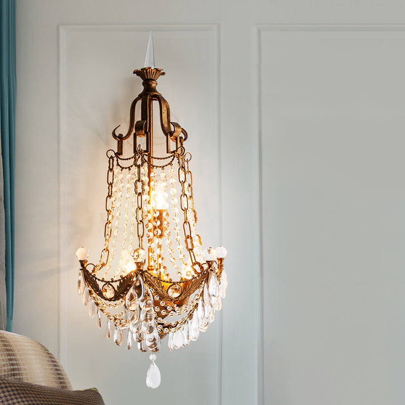 3 Lights Wall Mounted Light Countryside Beaded Crystal Sconce in Antique Brass for Living Room Antique Brass Clearhalo 'Wall Lamps & Sconces' 'Wall Lights' Lighting' 332522