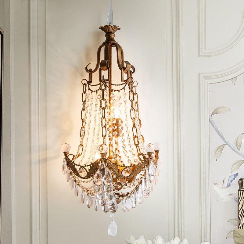 3 Lights Wall Mounted Light Countryside Beaded Crystal Sconce in Antique Brass for Living Room Clearhalo 'Wall Lamps & Sconces' 'Wall Lights' Lighting' 332523