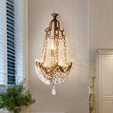 3 Lights Wall Mounted Light Countryside Beaded Crystal Sconce in Antique Brass for Living Room Clearhalo 'Wall Lamps & Sconces' 'Wall Lights' Lighting' 332524