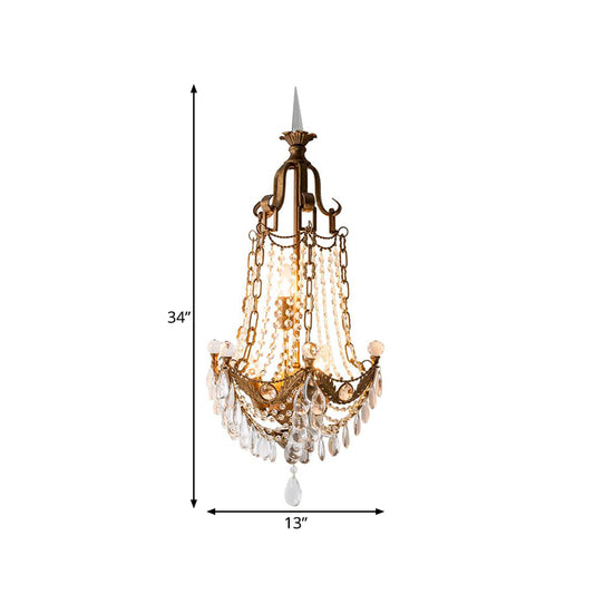 3 Lights Wall Mounted Light Countryside Beaded Crystal Sconce in Antique Brass for Living Room Clearhalo 'Wall Lamps & Sconces' 'Wall Lights' Lighting' 332526