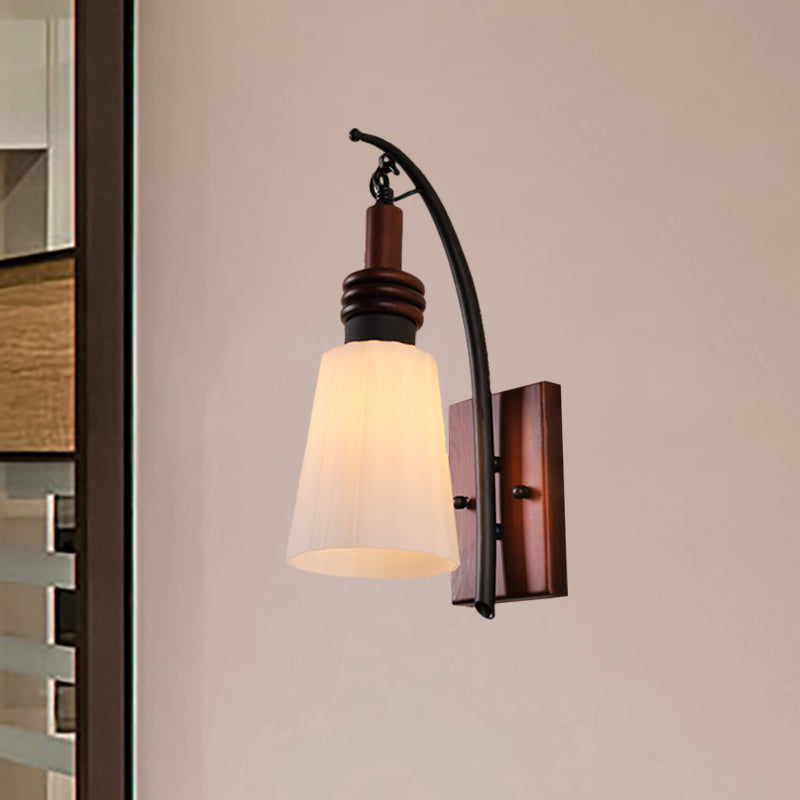 Contemporary Cone Sconce Light Fixture Opal Glass and Wood 1 Head Bedroom Wall Mounted Light in Red Brown Red Brown Clearhalo 'Wall Lamps & Sconces' 'Wall Lights' Lighting' 332549