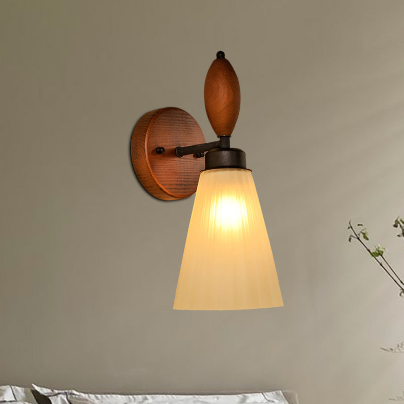 Frosted Glass Conic Wall Mounted Lamp Modern Stylish 1 Light Red Brown Sconce Light with Wooden Backplate Red Brown Clearhalo 'Wall Lamps & Sconces' 'Wall Lights' Lighting' 332565