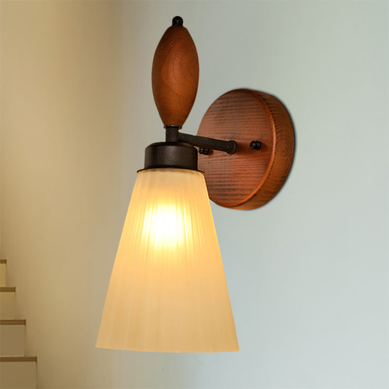 Frosted Glass Conic Wall Mounted Lamp Modern Stylish 1 Light Red Brown Sconce Light with Wooden Backplate Clearhalo 'Wall Lamps & Sconces' 'Wall Lights' Lighting' 332566