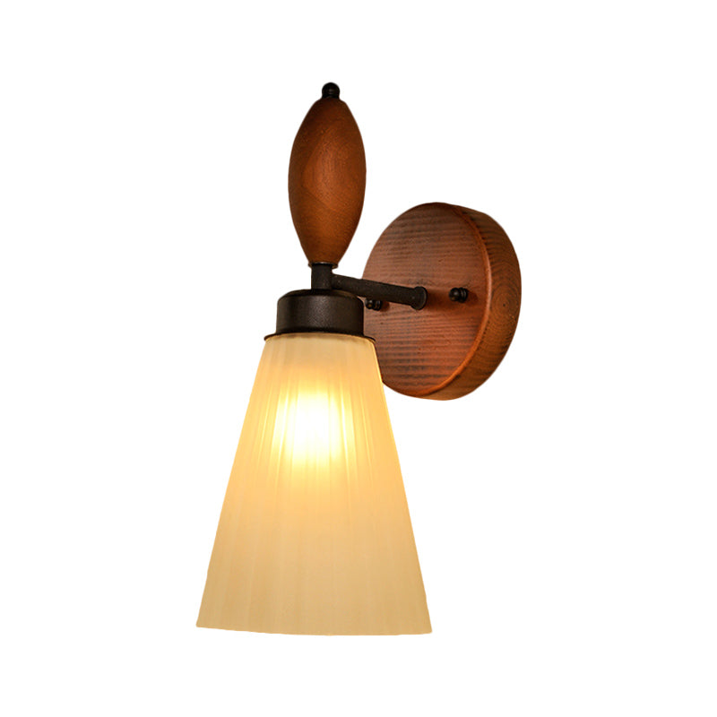 Frosted Glass Conic Wall Mounted Lamp Modern Stylish 1 Light Red Brown Sconce Light with Wooden Backplate Clearhalo 'Wall Lamps & Sconces' 'Wall Lights' Lighting' 332568