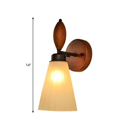 Frosted Glass Conic Wall Mounted Lamp Modern Stylish 1 Light Red Brown Sconce Light with Wooden Backplate Clearhalo 'Wall Lamps & Sconces' 'Wall Lights' Lighting' 332569