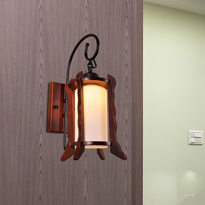 Red Brown Lantern Wall Mount Light Traditional Style 1 Head Wood Sconce Lighting with Milk Glass Shade Red Brown Clearhalo 'Wall Lamps & Sconces' 'Wall Lights' Lighting' 332585