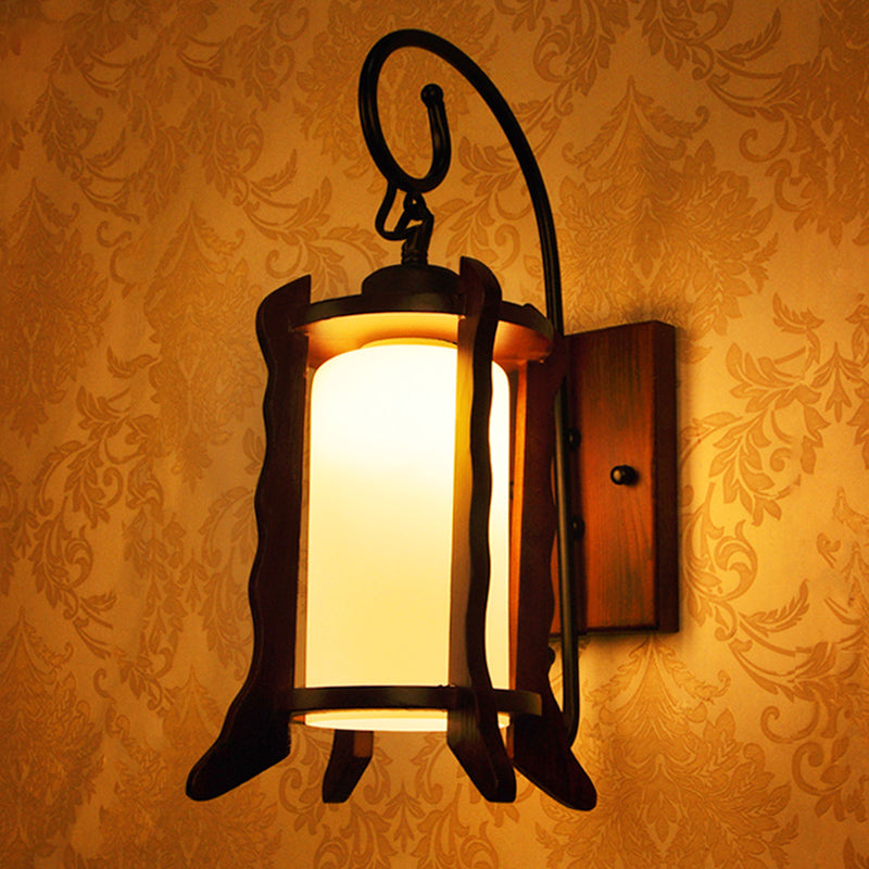 Red Brown Lantern Wall Mount Light Traditional Style 1 Head Wood Sconce Lighting with Milk Glass Shade Clearhalo 'Wall Lamps & Sconces' 'Wall Lights' Lighting' 332586